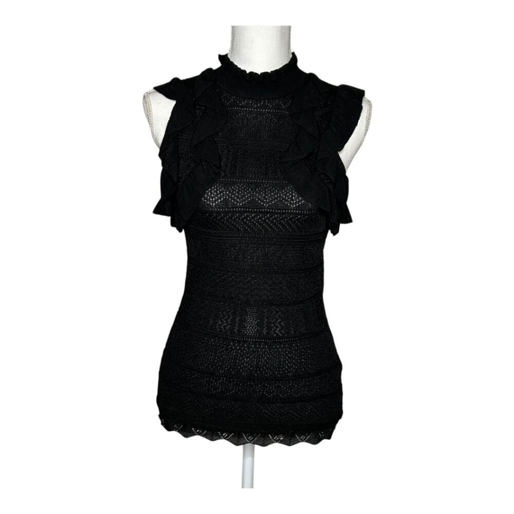 Ronny Kobo Black Open Knit Ruffle Sleeveless Sweater Top Small
